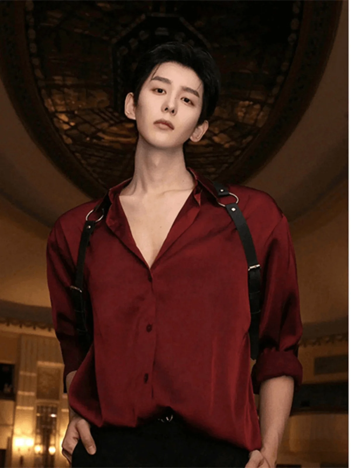 

Red Wine Color Cuban Collar Ice Silk irt Men Summer Restrained Sle DK orm Haome Thin Outerwear Long Sve Youth F...