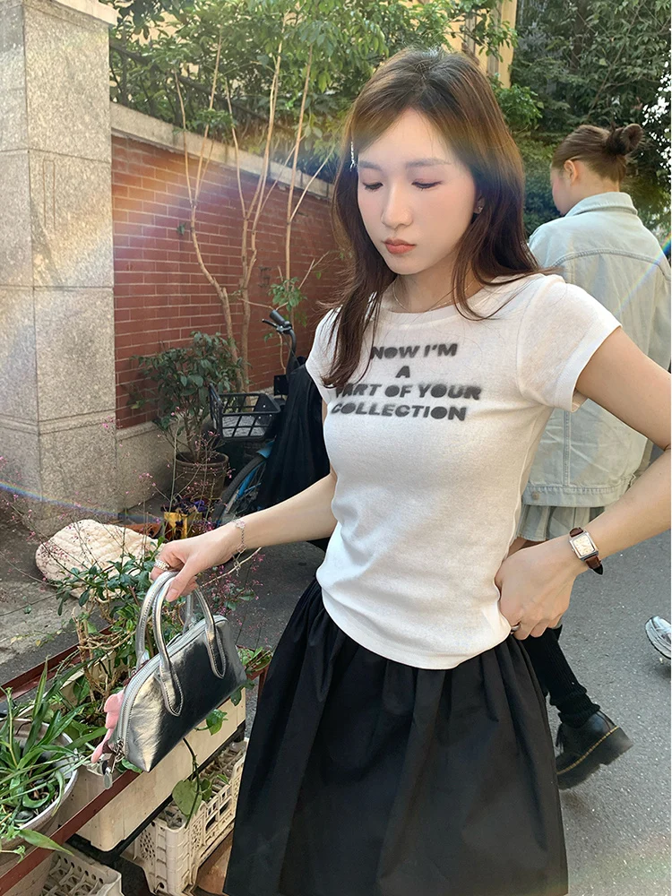 화이트 프린트 오르트 스웨 티셔츠 여성용 라운드 넥 슬림핏 순면 탑 봄 여름 신상 캐주얼 창의적 디자인