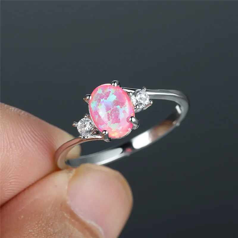 Cute Female Geometric White Pink Fire Opal Ring Small Oval Stone Fashion Silver Color Wedding Jewelry For Women