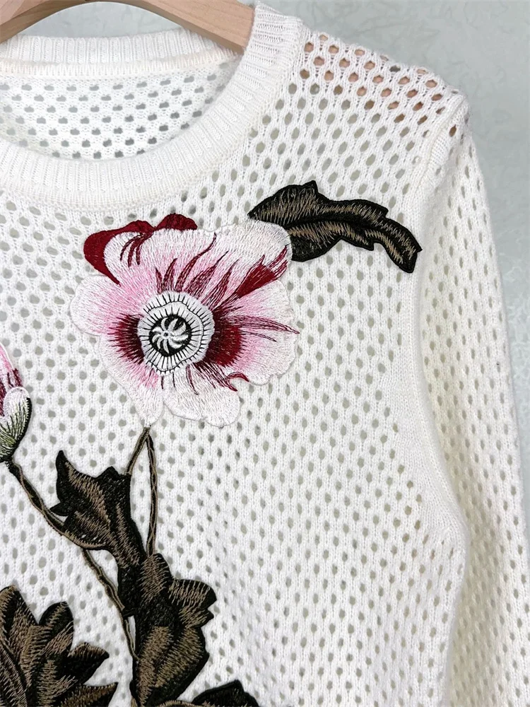 Embroidery Flowers Ladies O-Neck Knitwear Pullover Tops Women's Knitted Texture Hollow Out Sweater Early Autumn Versatile