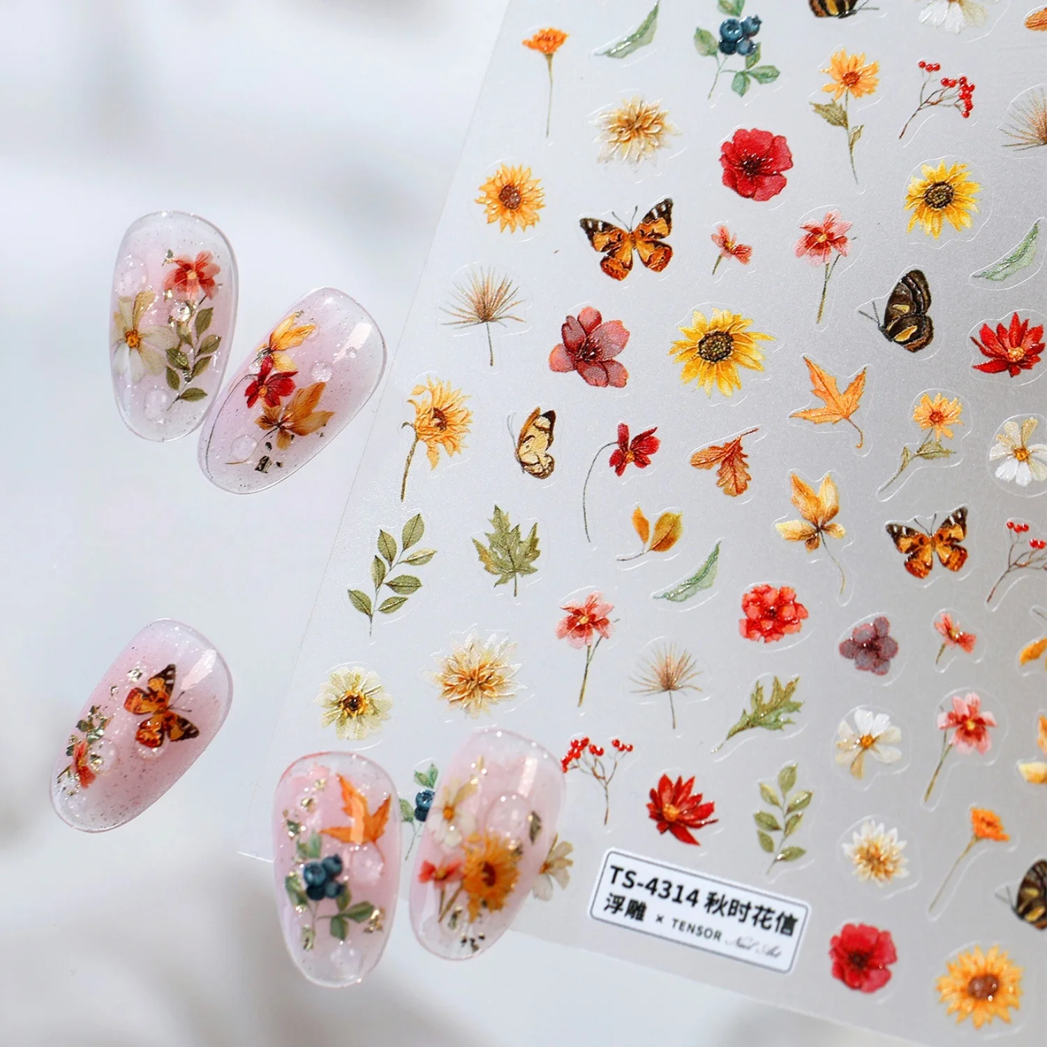 5D Embossed Vintage Watercolor Dried Sunflower Poppy Wildflower Butterfly Leaf Autumn French Nail Stickers Self Adhesive Nail