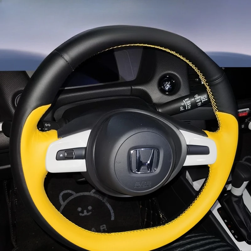 For Honda 4th Generation Fit LIFE JAZZ 2021 Hand-stitched non-slip black Yellow Genuine Leather car Steering Wheel Cover