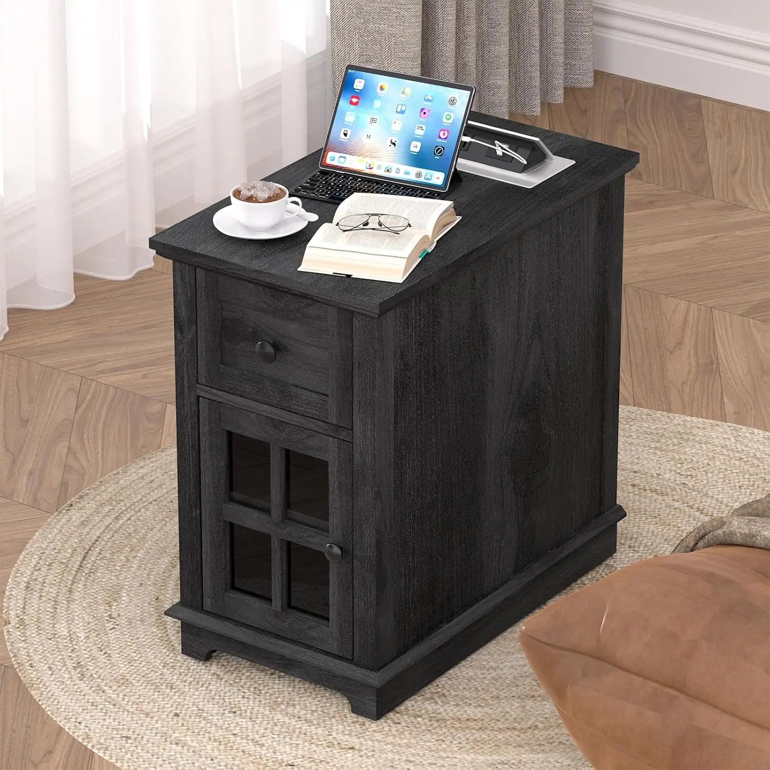 Narrow End Table with Drawer, Storage Side Table with Flip Top Fast Charging Station, Type-C & USB Port & Power outlets, Wooden