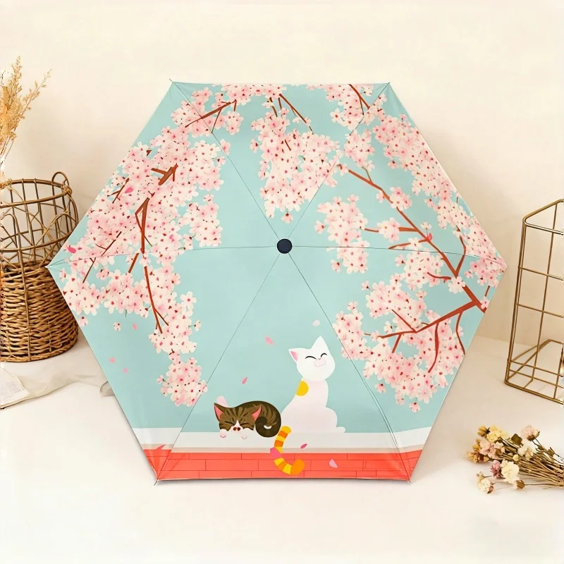 

Sakura Mini Foldable Umbrella with two cats Ultra light portable Compact uv Protective flower pocket sunshade gift for ladies
