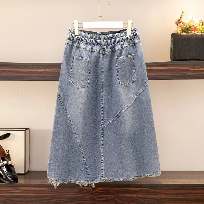 150Kg Plus Size Women\'s Summer High Waist Slim Loose Mid Length Lace A-line Denim Skirt Blue Hip 145cm 6XL 7XL 8XL 9XL