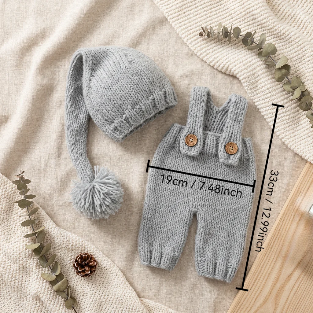 Newborn Photography Props Baby Knitted Romper Hat Set 0 3M Handmade Outfit Studio Accessories Cute Infante Photoshoot Costume