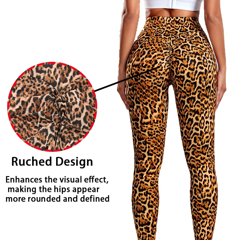 Damskie legginsy z wysokim stanem w panterkę, seksowne modelujące pośladki, bezszwowe, obcisłe spodnie fitness, push-up, marszczone, odzież sportowa damska.