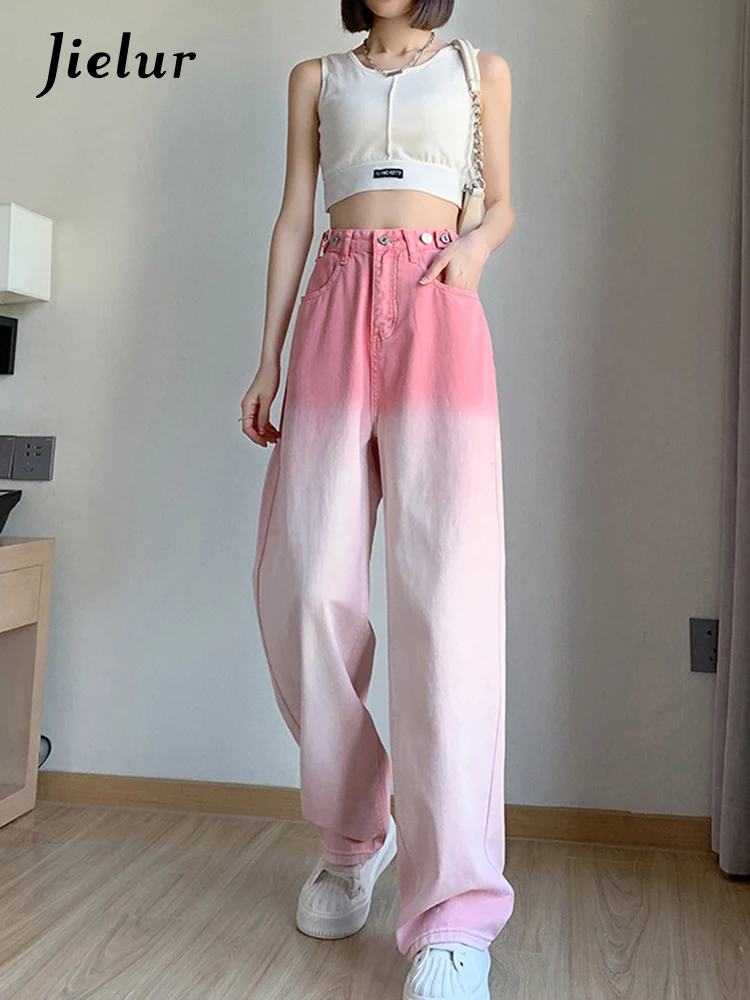 

Jielur Gradient Pink Chic Loose Women's Jeans Coloured Drawing High Waist Cotton Denim Fashion Female Streetwear Wide Leg Pants