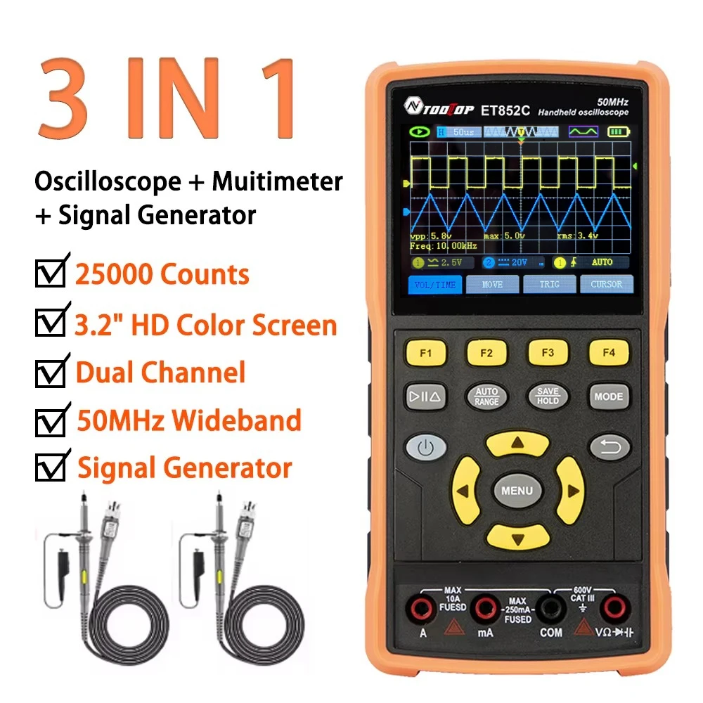 

TOOLTOP 3IN1 2 Channel Digital Oscilloscope Multimeter Signal Generator 50MHz Portable Oscilloscope Lab DIY Automotive Tools