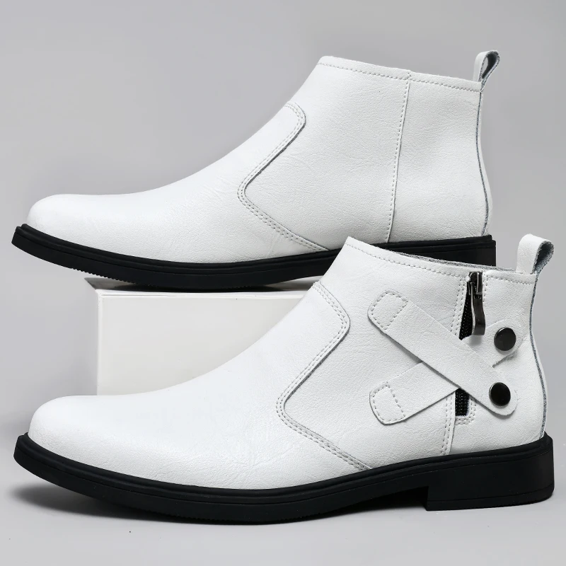 British Style New White Chelsea Mens Boots Luxury Brand Round Toe Low Heel Ankle Boots Side Zipper Business Formal Leather Boots