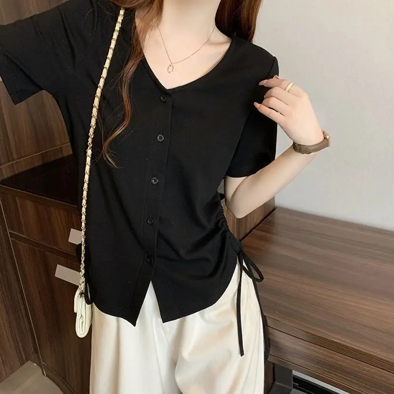 

Drawstring Lacing Korean Youth Tops Summer New Short Sleeve Irregular Solid V Neck Sweet T Shirts Fashion Casual Women Clothing