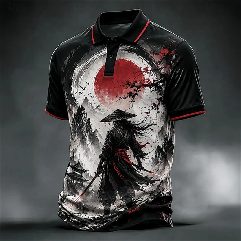 Men's New Stylish Polo Shirt Samurai Sword-Drawing Print Collared Button-Up Loose Plus-Size Fit Trendy Street-Style Top