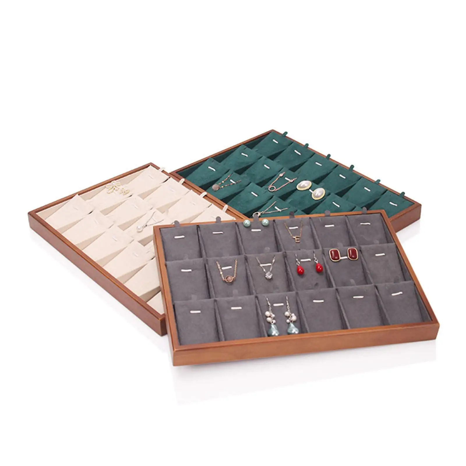 

Jewelry Tray Rectangle Wooden Frame Ear Studs Holder Multifunction Stackable Countertop 18 Grids Necklace Pendant Display Tray