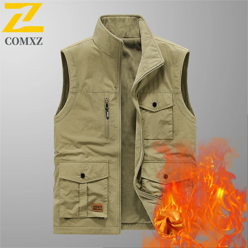 

2025 Men Fleece Lined Thickened Vest Outdoor Multi Pocket Workwear Photographer Sleeveless Jacket Plus Size Casual Waistcoat