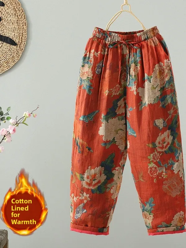 กางเกงขายาวผ้าฝ้ายพิมพ์ลายเรโทรสำหรับผู้หญิง สไตล์ลำลองสำหรับฤดูหนาว ทรงหลวม ตัดเย็บแบบแพทช์เวิร์ค ทรงตรง เอวกลาง