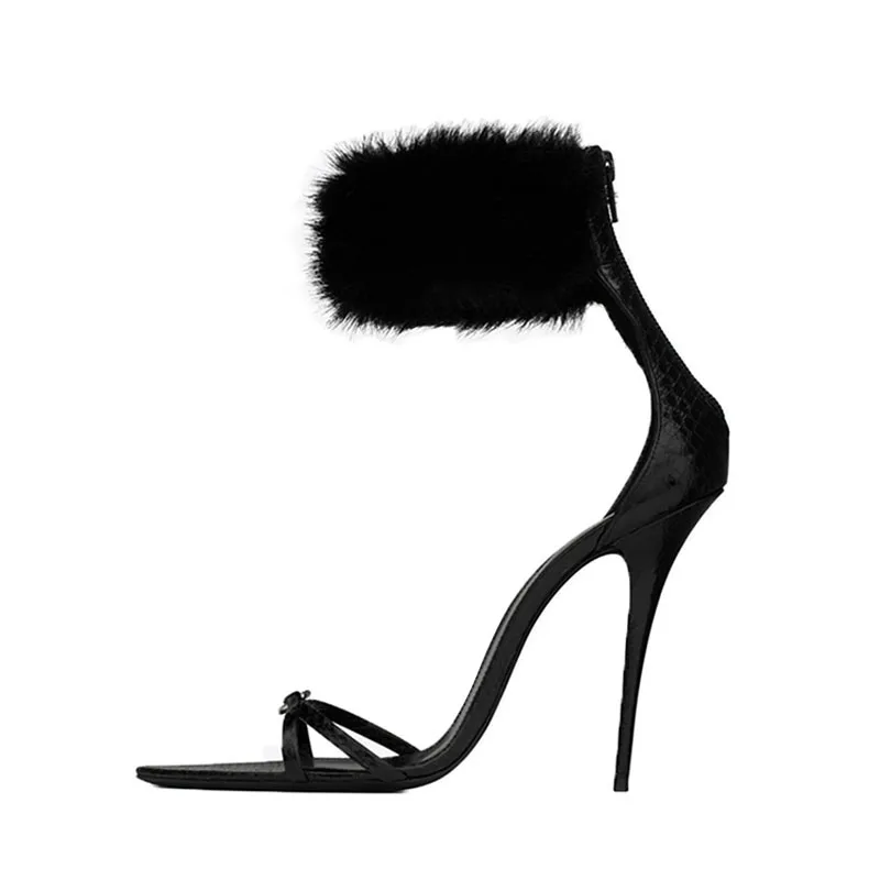 

Arden Furtado Summer Embossed leather Fur word-cingulate Pointed Metal buckle Super high heel Back zipper Open toe sandals