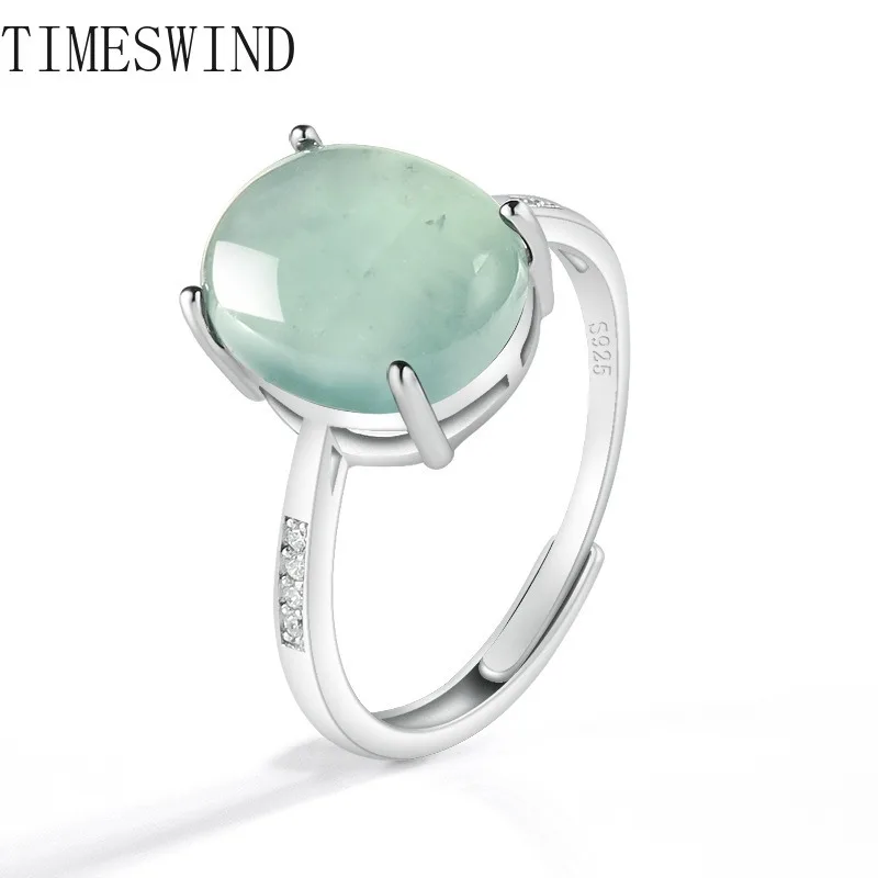 

TIMESWIND Natural A-type Jade Light Green Authentic Large Oval Shaped S925 Women Open Ring with Certificate