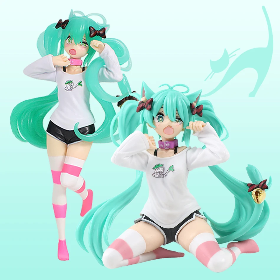19.5cm 애니메이션 하츠네 미쿠 피규어 고양이 귀 긴 소매 셔츠 무릎 꿇은 애니메이션 모델 장난감 선물 컬렉션 장식품 PVC