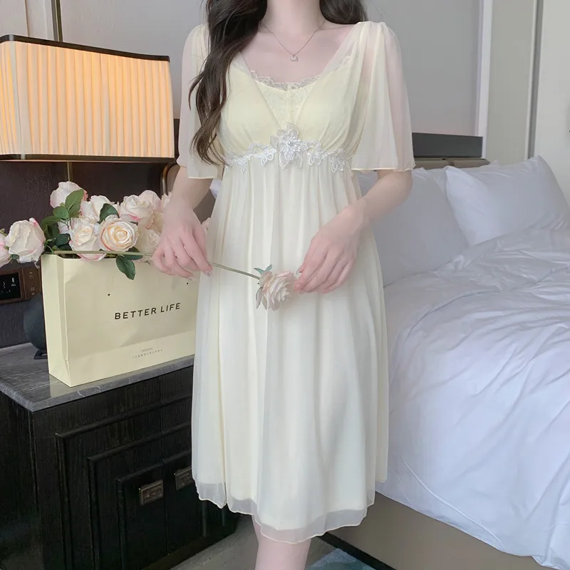 Summer Mesh Lace Sleepwear Gown Female Nightdress Bathrobe Dress Loungewear Elegant French Style Nightgown Sleepshirt Home Wear