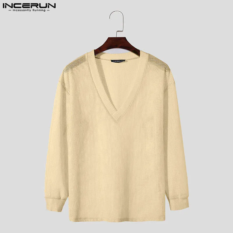 INCERUN Men T Shirt Hollow Out Solid Color V Neck Long Sleeve Casual Men Clothing Streetwear 2024 Transparent Fashion Camisetas