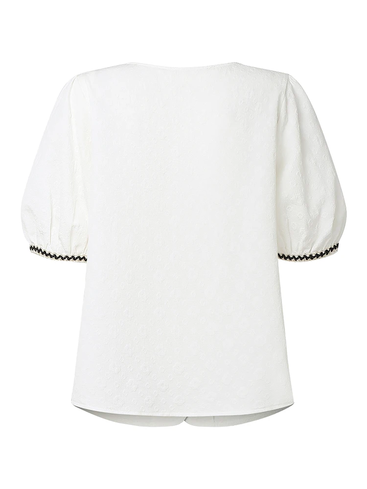 2025ZANZEA Elegante Splicing Ontwerp Werk Blouses Zomer Vrouwen Korte Bladerdeeg Mouw Kantoor Shirt Jacquard Tops Knoppen Blusas Mujer