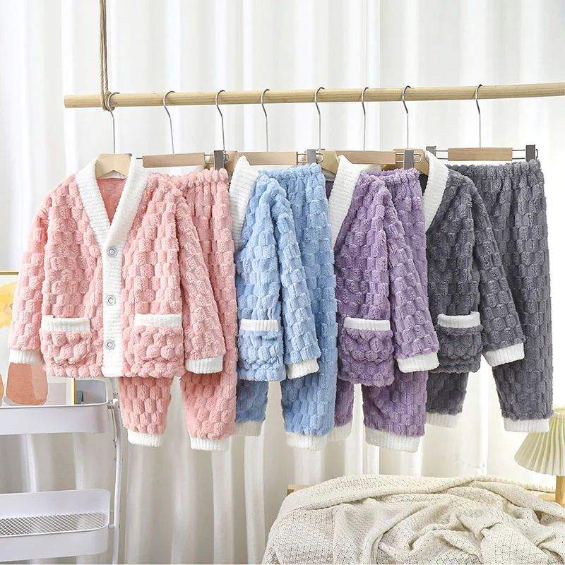 Thickened Warm Children Sleepwear Winter Flannel Long Sleeves Long Trousers Solid Cardigan Home Wear Padded Cute Plaid Pajamas