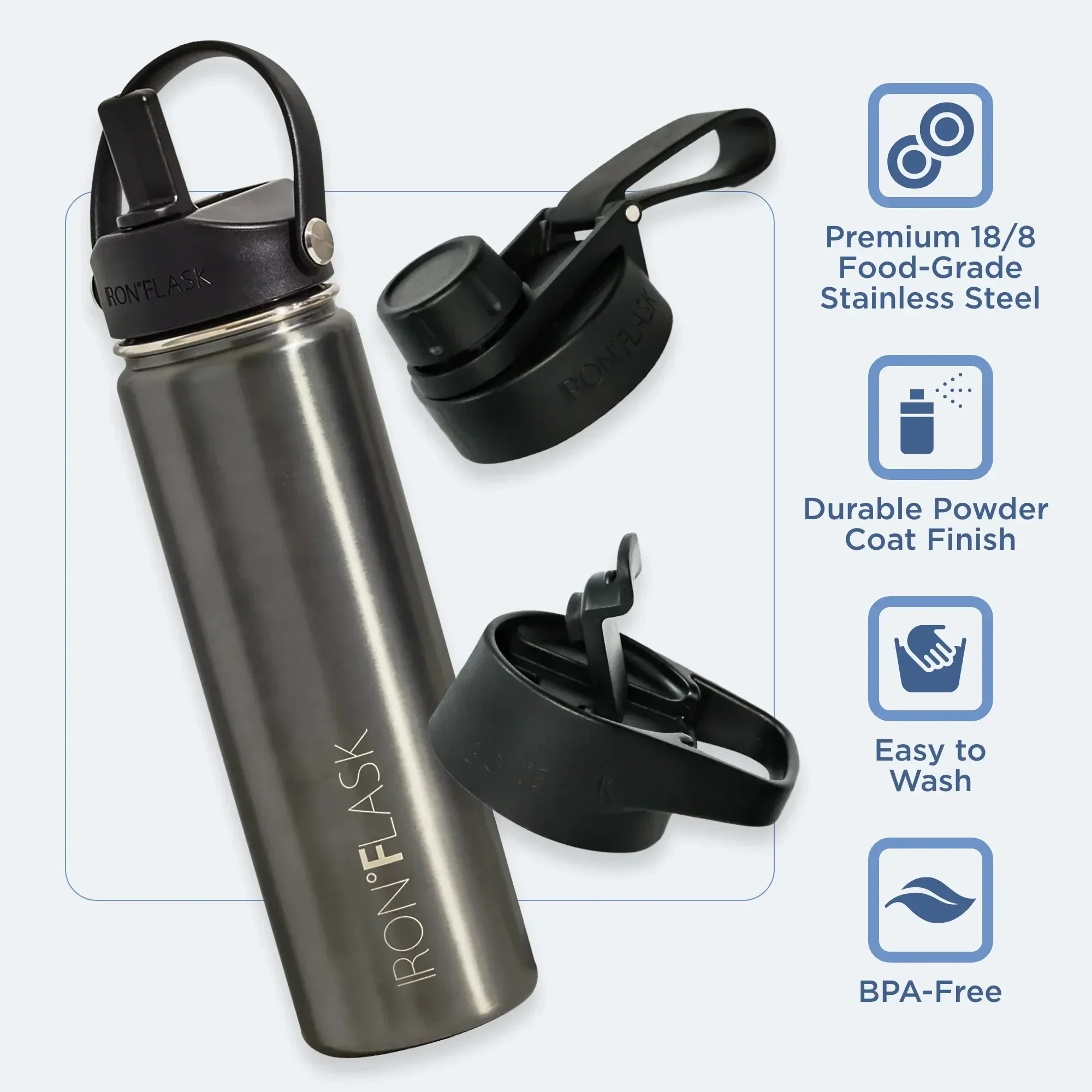 断熱ステンレススチール製ウォーターボトル 22オンス 3つの蓋付き、メタリックブラック |   学生、アスリート、労働者向け