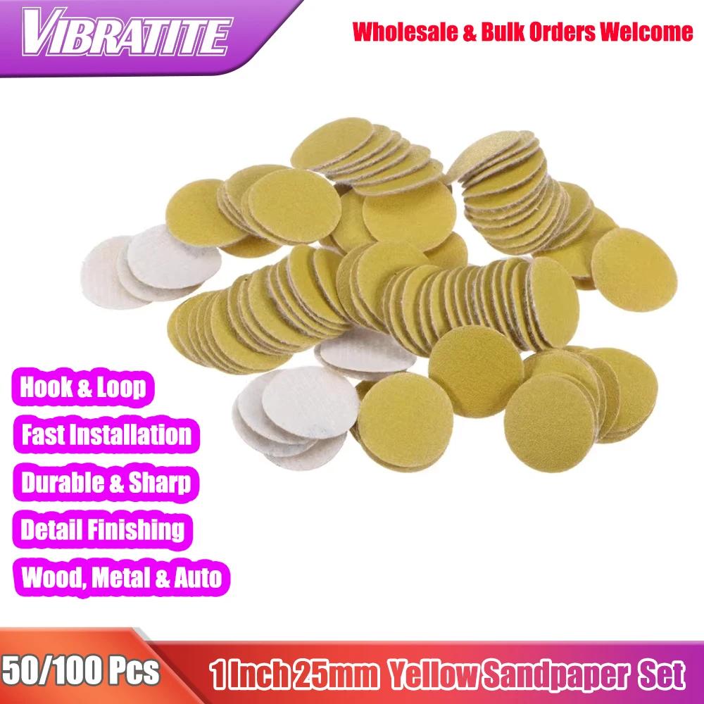 

50/100 PCS 1 Inch Yellow Hook & Loop Sanding Discs for 100 Sandpaper Finishing Discs for Automotive and Woodworking