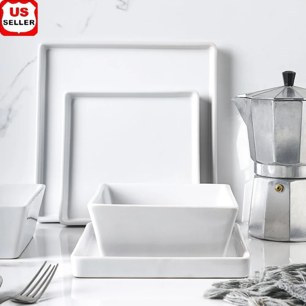 

Minimalist Square Stoneware Dinnerware Set 12-Piece Service 4 Durable Microwave Dishwasher Safe Elegant Dining Collection