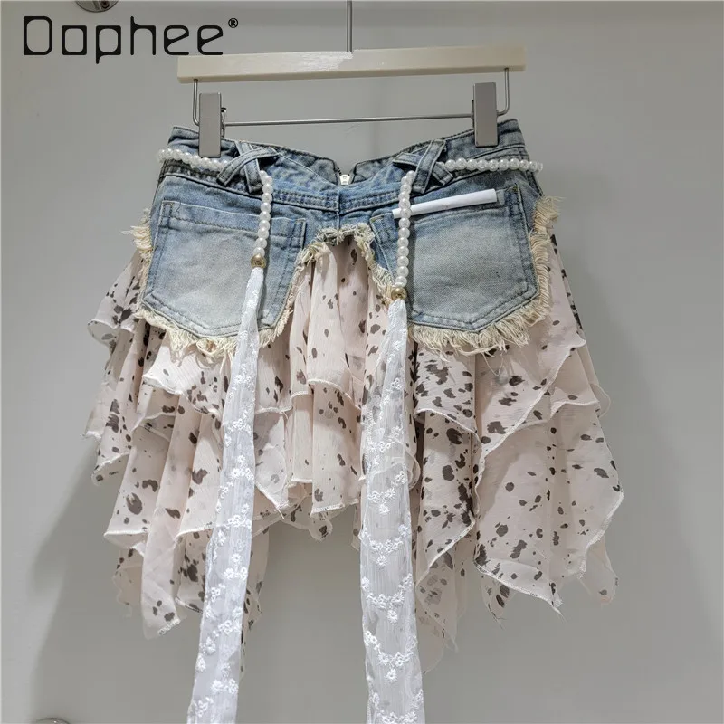 

2026 Summer New Patchwork Layered Irregular Chiffon High-Waist Slimming Denim Skirt Fashion Short Skirt and Belt