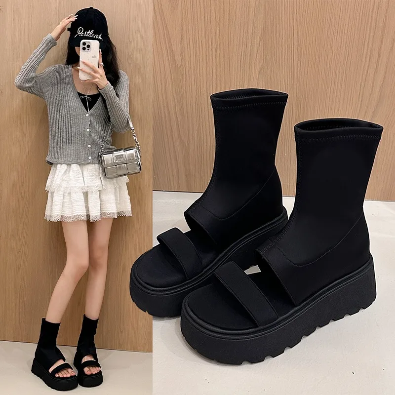 Botas altas hasta la rodilla con punta abierta, sandalias gladiador, botines elásticos con calado, zapatos sin cordones con tacón de cuña y plataforma, suela gruesa, Otoño 2026