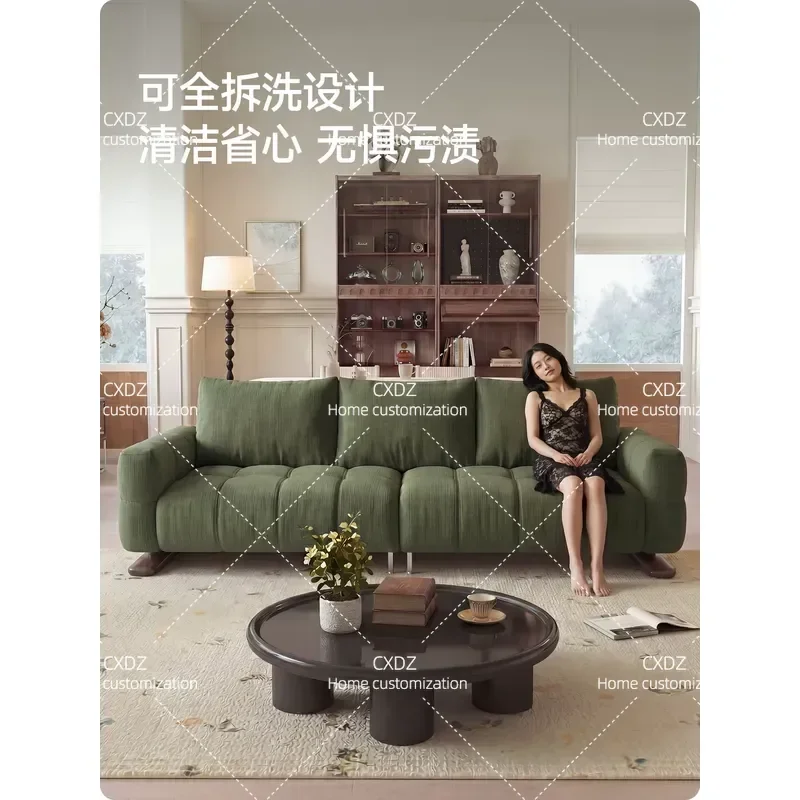 Retro Chenille Fabric Sofa Anti Cat Scratch Fully Dismantle Washable Walnut Frame Straight Row Couch for Small Apartment