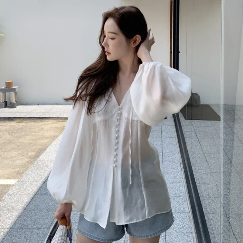 Neploe Chic Summer French Sweet Gentle Style Blouses V-Neck Single Breasted Loose Casual Versatile Solid Color Puff Sleeve Shirt