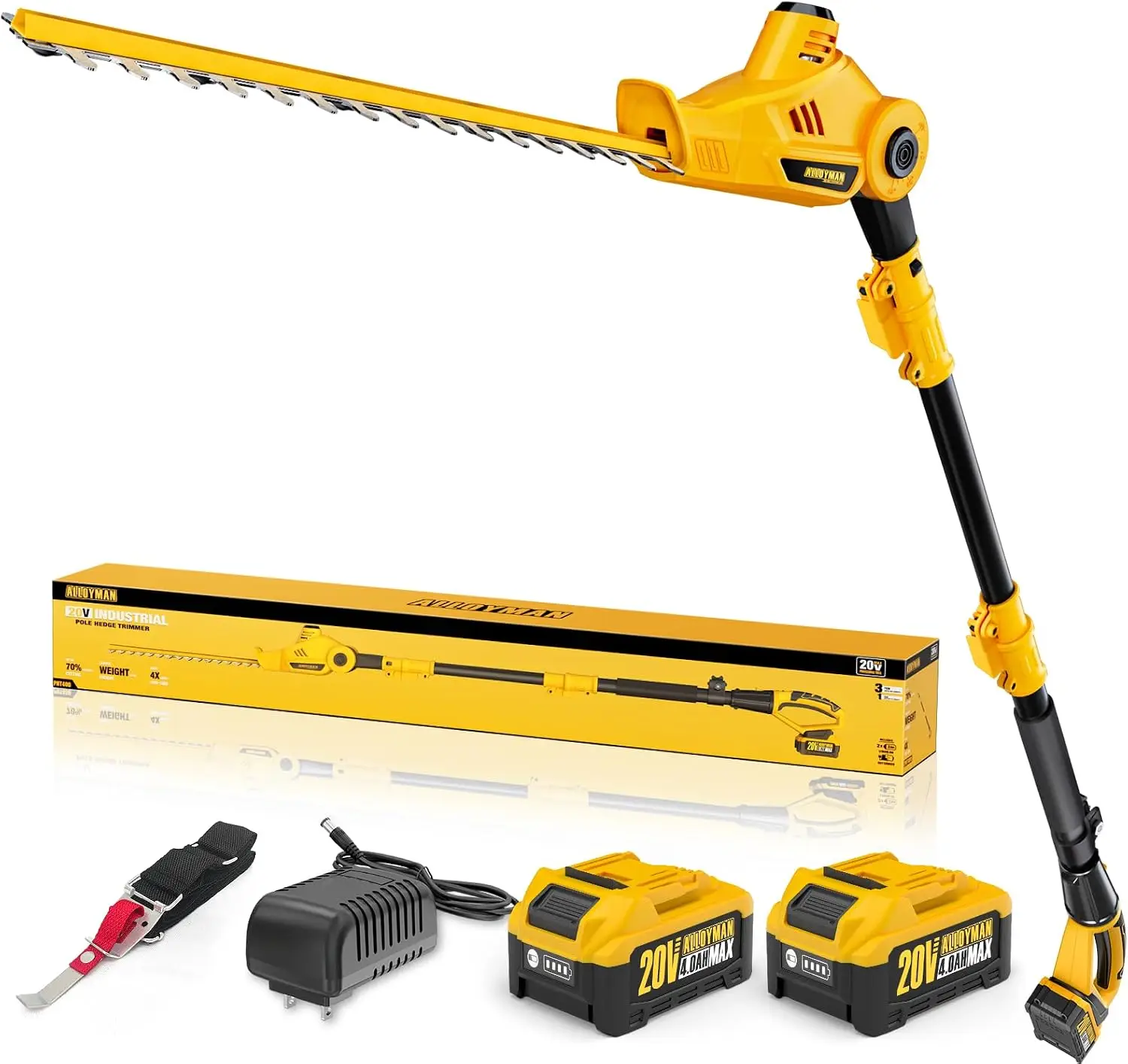 Cordless Pole Hedge Trimmer 20V, Extendable Telescoping Pole with Two 4.0Ah Battery Packs and Charger, 8 ft Reach Trimmer for Shrub Care