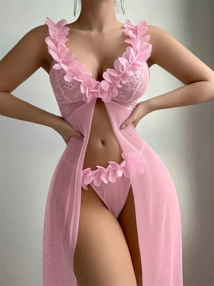 Pink Floral Lace See Through Nightgowns Women Sexy Lingerie Dress Nighties Exotic Babydolls Slip Nightdress Deep-V Lace Mesh view 3