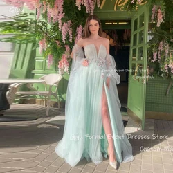 Giyu Fairy Mint Green Tulle Long Prom Evening Dresses Strapless 3D Flowers Split Sexy Long Sleeves Formal Party Dress Vestidos