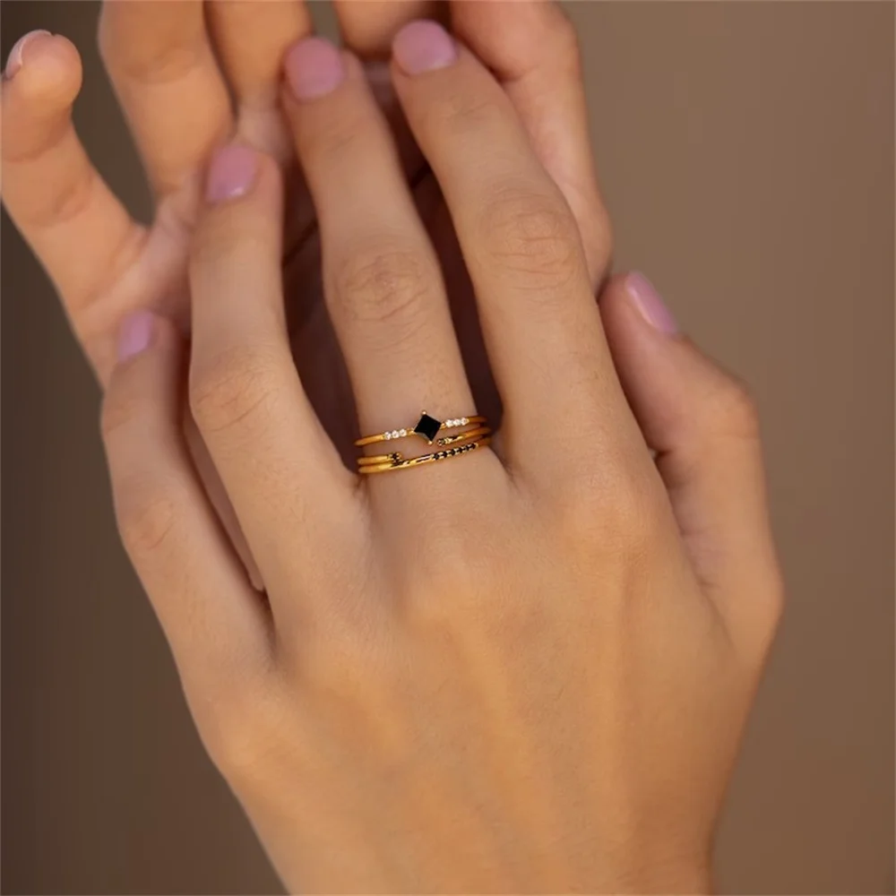 Aide 3Pcs Real 925 Silver Rings For Women Plain Circle Black Rhombus Zircon 18K Gold Plated Luxury Jewelry Personality gifts