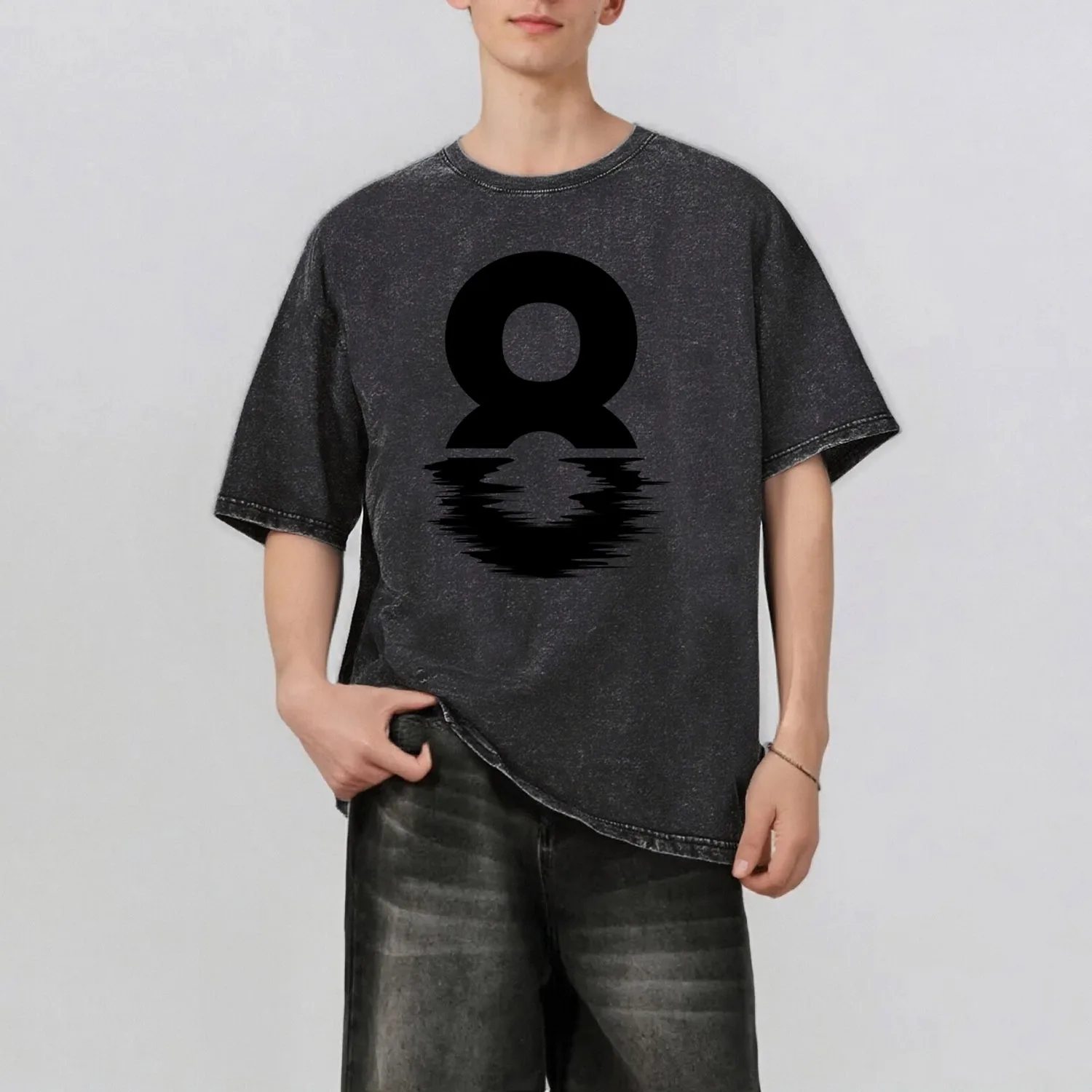 

Number 8 Pattern Rint Men's Summer Retro Style Washed Water T-Shirt Casual Short Sleeved Basic Men's Top 230G