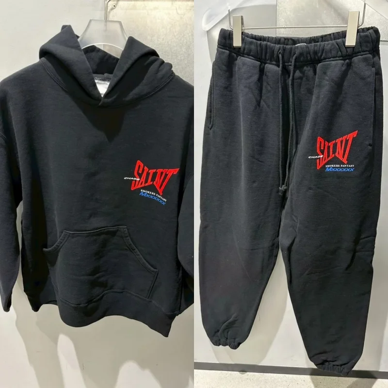 

Autumn Winter Hooded Saint Sweatshirt Sweatpants Set Casual Simple Versatile Pullovers Elastic Drawstring Men Women Pants