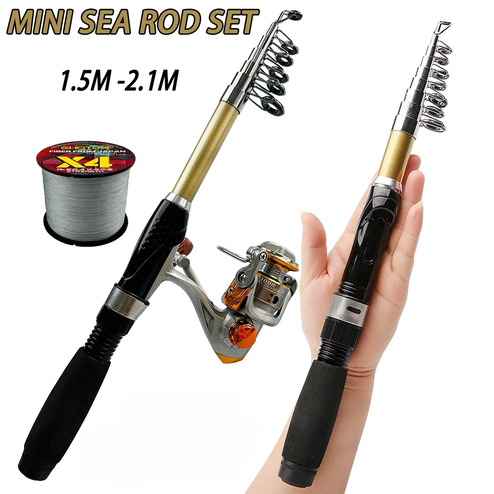 1.5m-2.1m Mini Telescoping Fishing Rod Spinning Reel Full Combos 1000/2000/3000 Series Fish Reel with Fish Line Outdoor Tackle