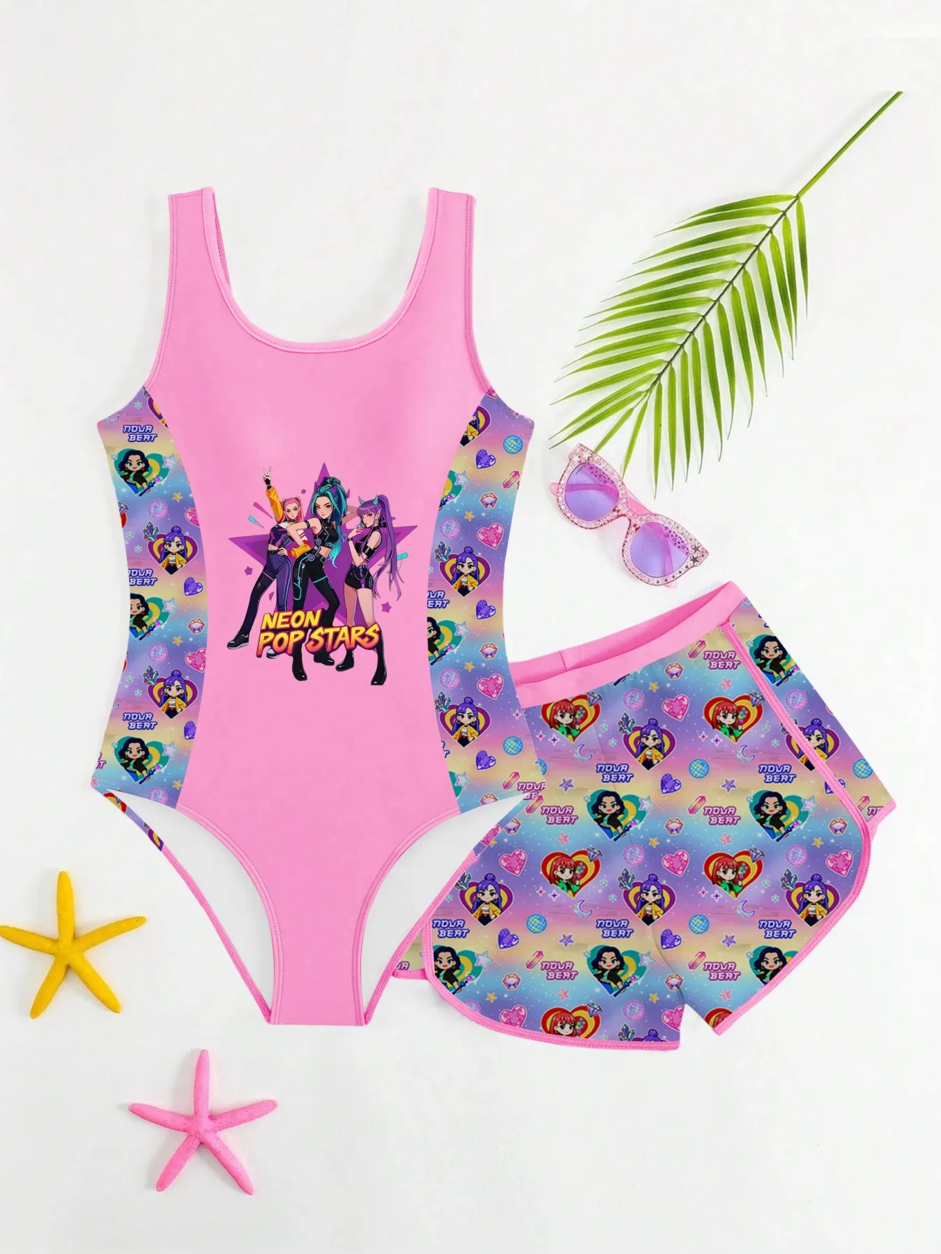 Kids Girls 2 Piece Neon Pop Stars Cartoon Print One Piece Swimsuit with Skirt Cover Up Summer Beach Swimwear