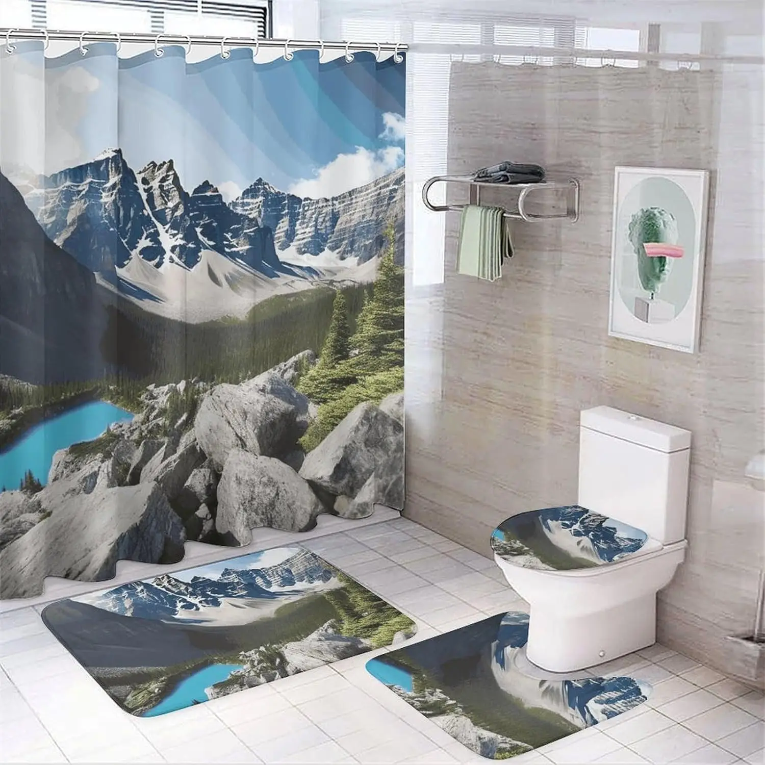 

Набор штор для душа Mountains из 4 предметов с нескользящими ковриками, крышкой для унитаза и ковриком для ванной Мягкий ковер для ванной Водонепроницаемая ванная комната
