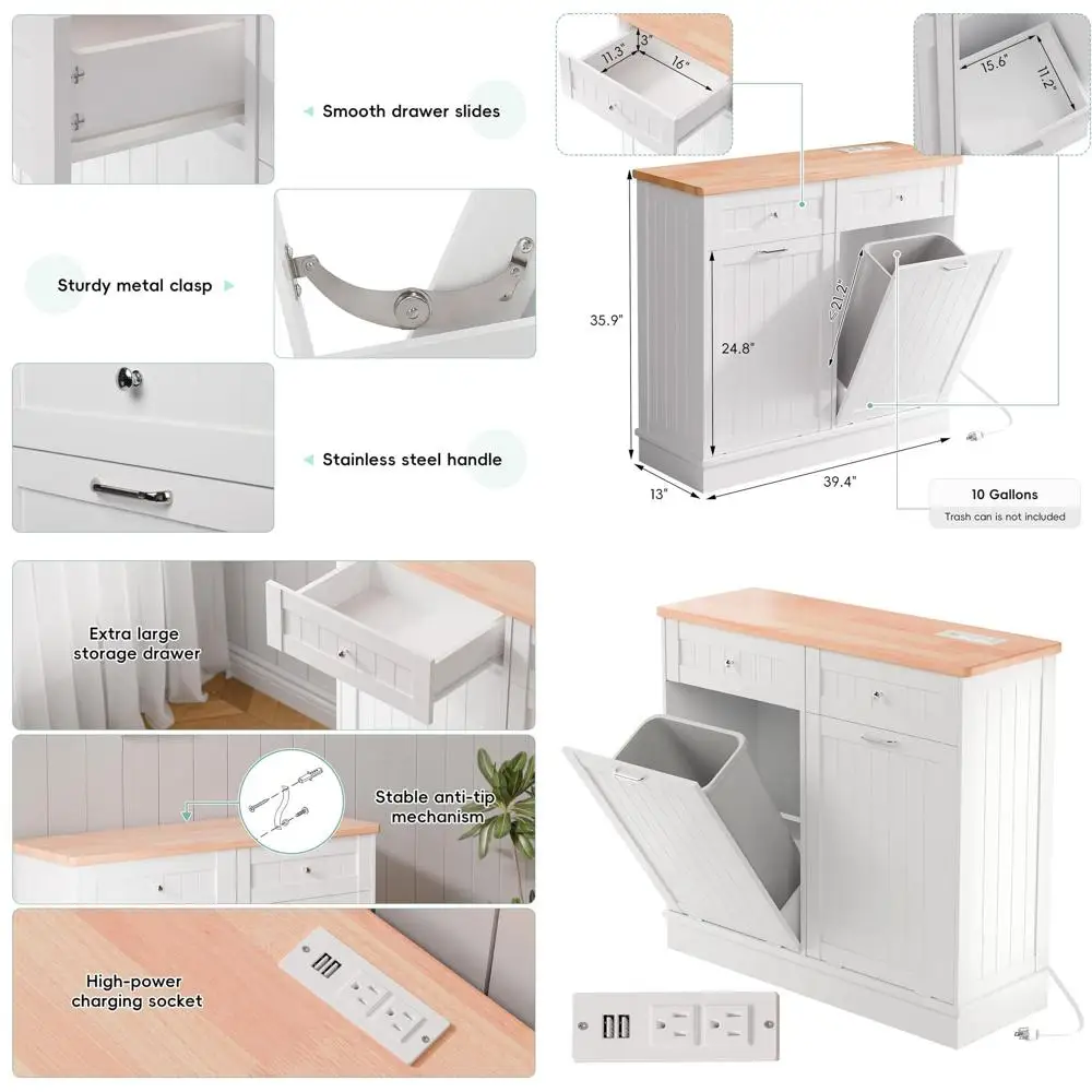 

Двухсекционный мусорный шкаф с розеткой, 10-галлонный контейнер для мусора, защита от домашних животных, с портами AC и USB, белый, с двойными дверцами