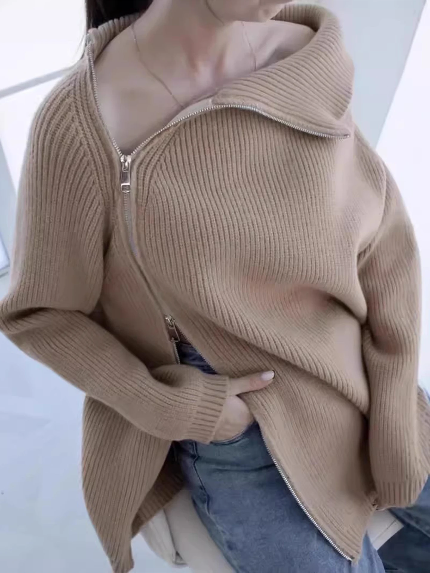 

Шикарный осенне-зимний свободный повседневный длинный вязаный открытый кардиган-свитер, женский мягкий уютный корейский свитер с высоким воротником на молнии сбоку