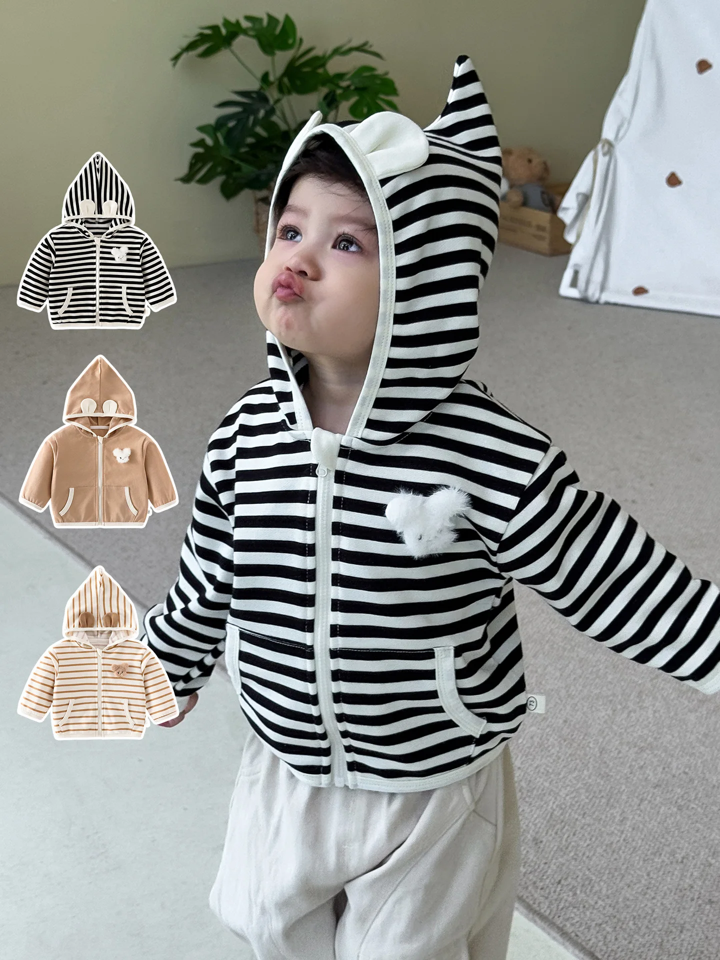 

Autumn Toddler Striped Hooded Jacket Cute Animal Ear Zip-Up Coat with Bear Patch for 0-5Y Baby Boys Girls