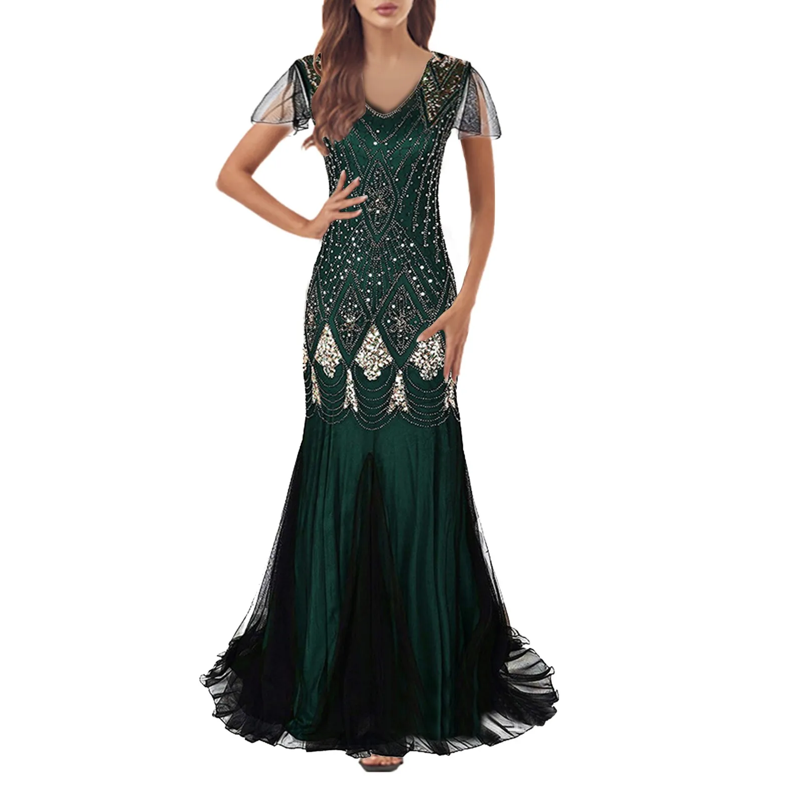 Retro 1920s Flapper Long Sequin Dress Banquet Party Evening Dress Ladies Gatsby Dress Wedding Gown Stage Cosplay Costume