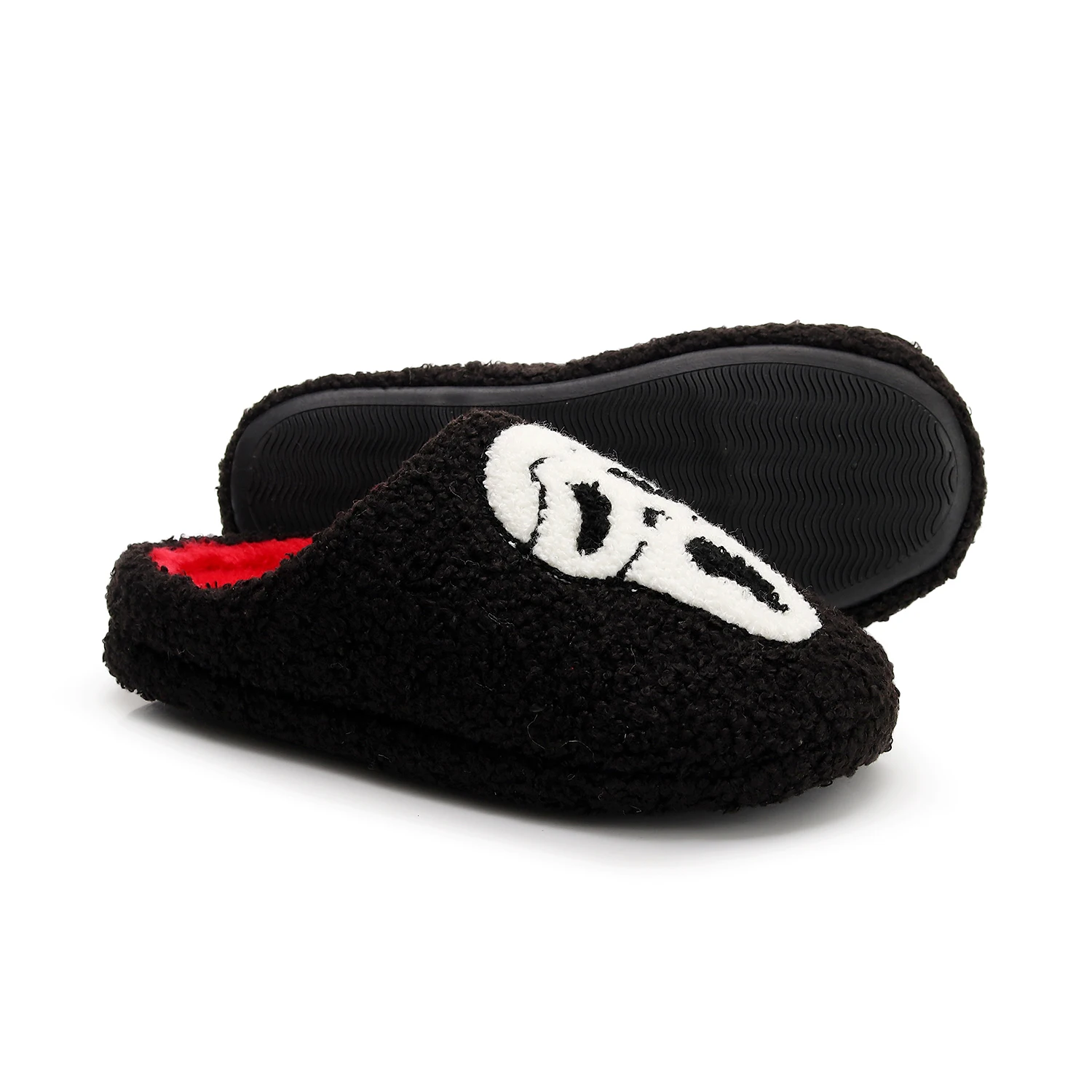 زوج من الجمجمة السوداء الرعب التطريز نمط أفخم المنزل لينة سوليد مريحة فروي النعال لطيف دافئ عدم الانزلاق شبشب منزل للرجال والنساء يمكن ارتداء الأحذية الصامتة خفيفة الوزن، الخيار الأول لهدايا عيد الهالوين وعيد الميلاد #6