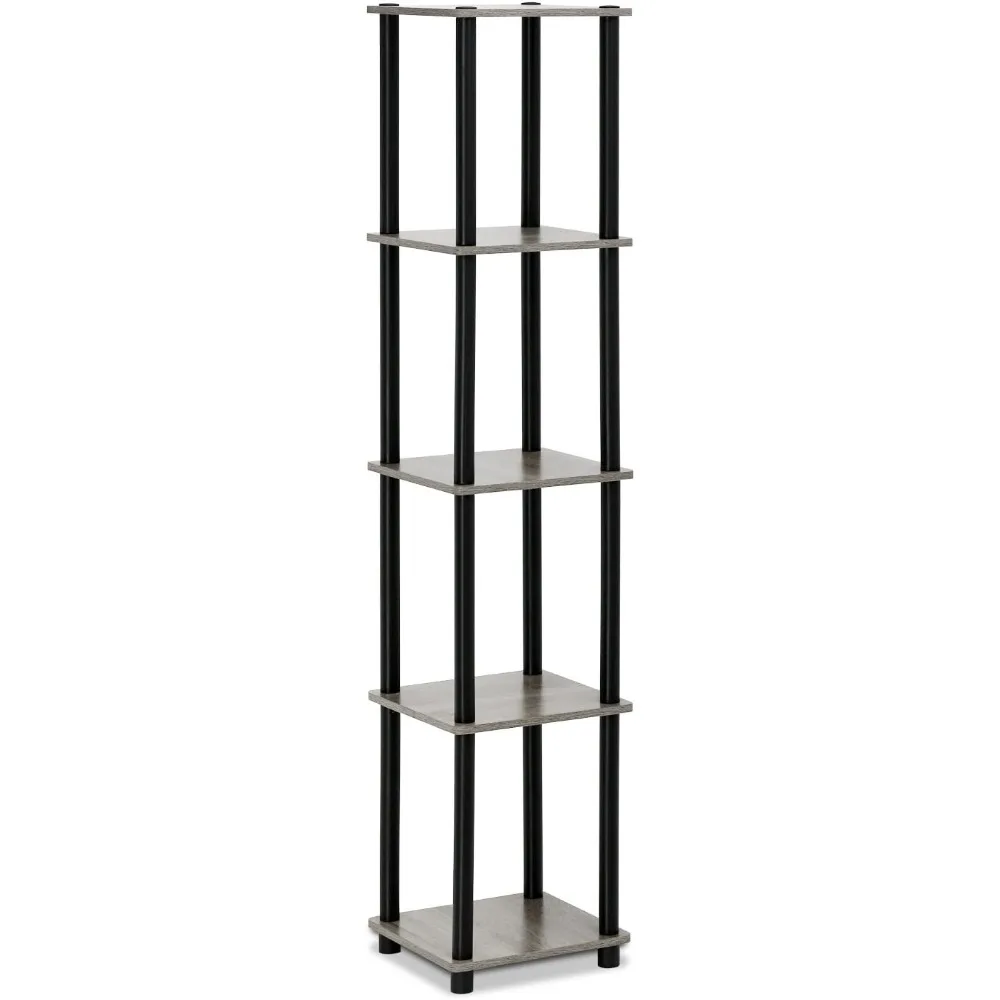 FURINNO Turn-N-Tube 5-Tier Corner Square Rack Display Shelf, Round, French Oak Grey/Black