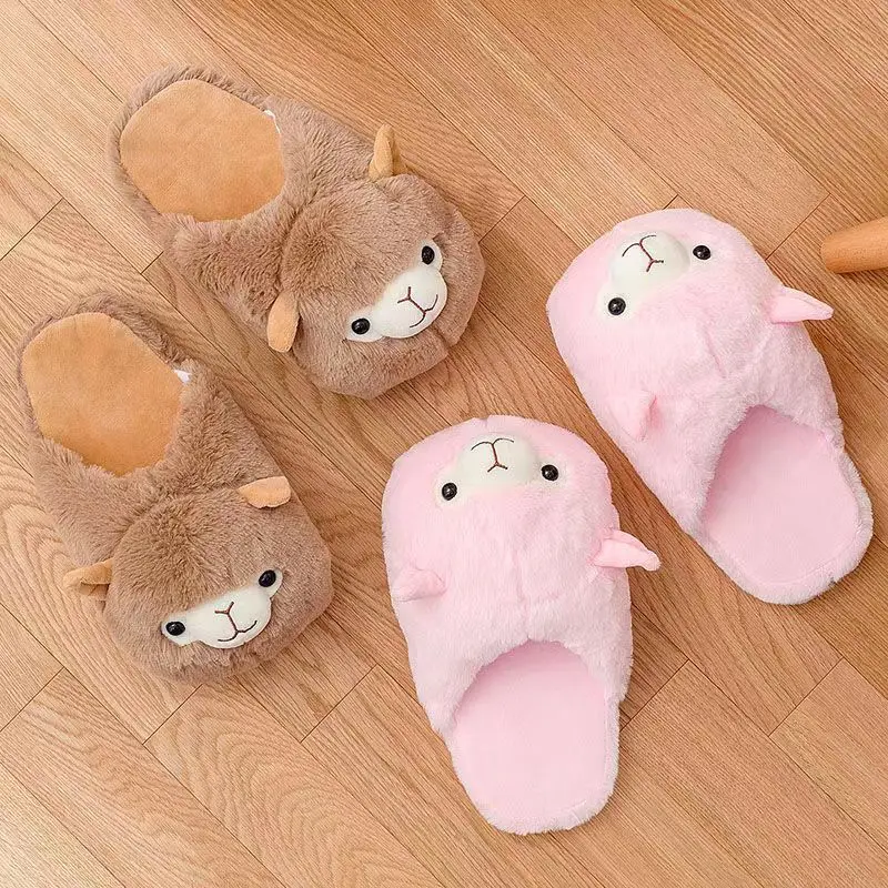 Winter House Warm Plush Alpaca Cozy Shoes Unisex Furry  Cotton Slippers Lovely Creative Cartoon Indoor Soft Slides One Size