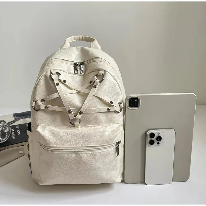 Retro Studded Belt Decoration Backpack Solid Color Large Capacity Leather Travel Bag Street Trend Multi Pocket Student Backpack